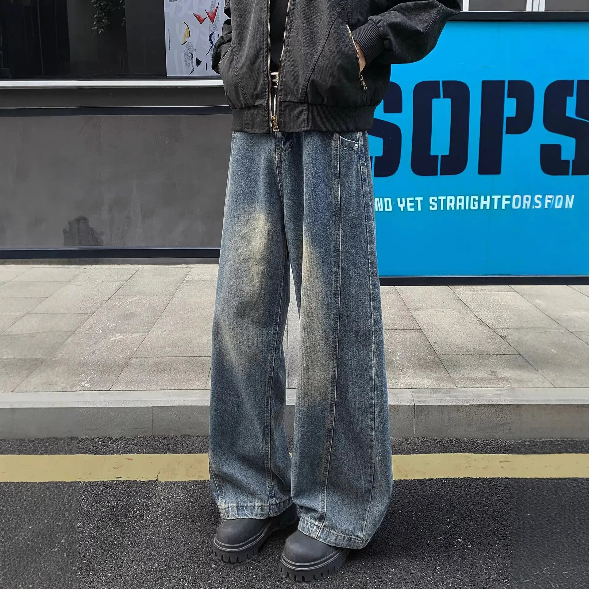 Men Mid Waist Vintage Washed Wide Leg Jeans