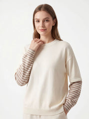 Color Block Stripe Cuff Round Neck Loose Knit Pullover Sweater