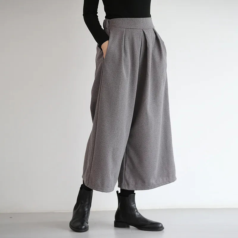 High Waist Cropped Wide Leg Wool Blend Pants