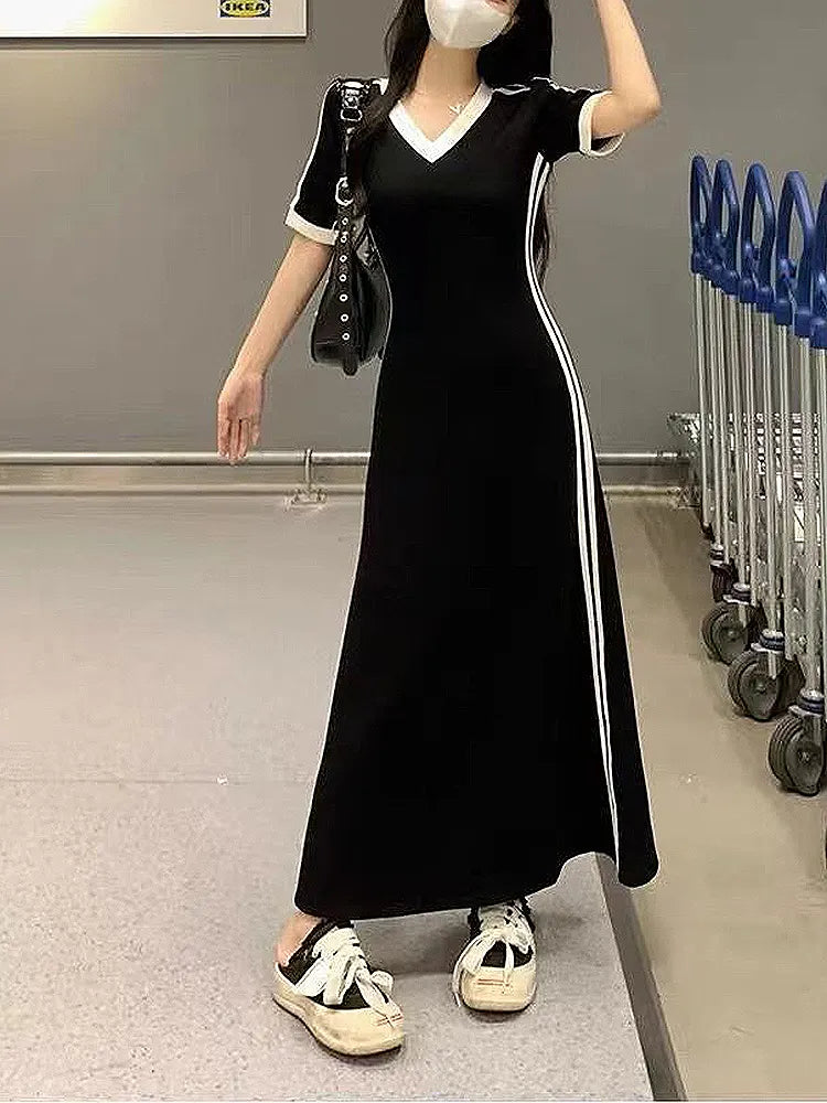 V Neck Striped Side Long Maxi Dress