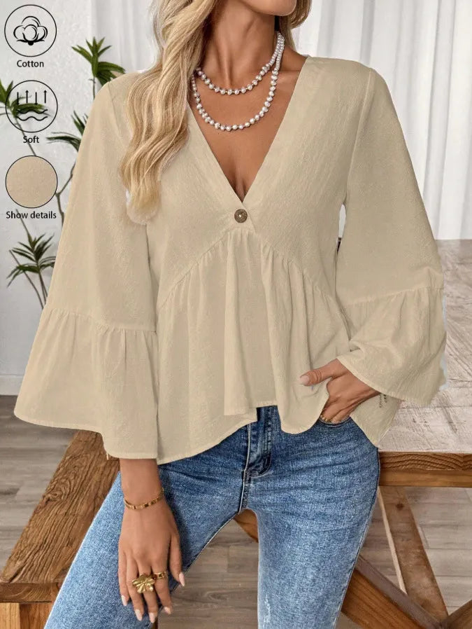 V-Neck Single Button Ruffle Sleeve Blouse