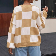 Checkerboard Color Block Crew Neck Loose Pullover Sweater