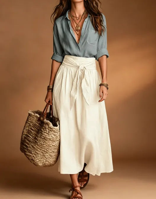 Color Matching Long Sleeve Shirt & Tie Waist Midi Skirt Two Piece Set
