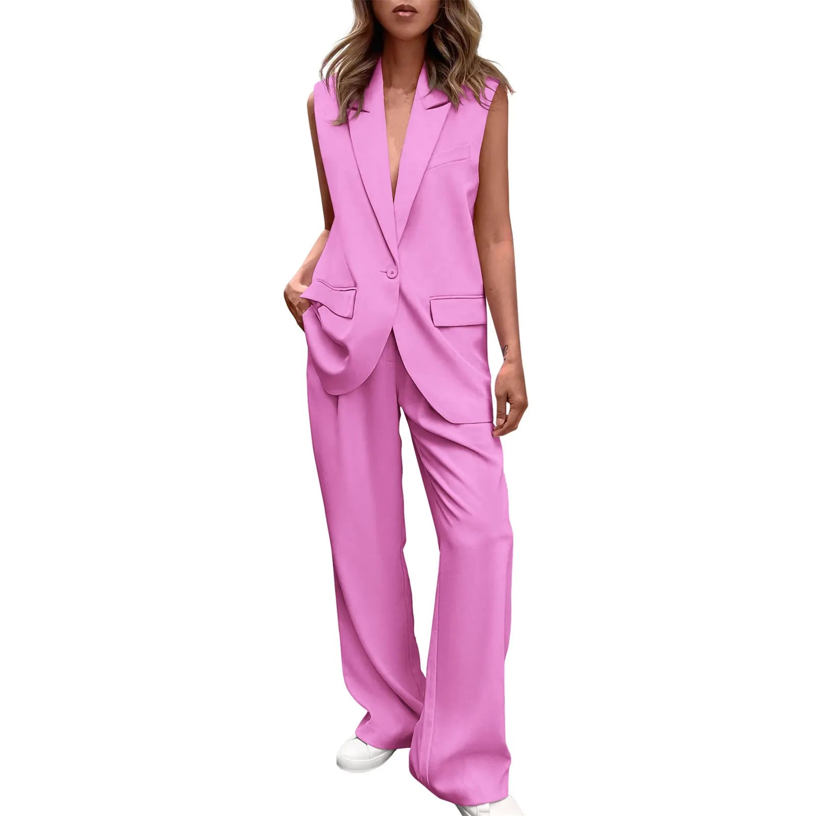 Sleeveless Blazer Vest Wide Leg Pants 2 Piece Suit Set