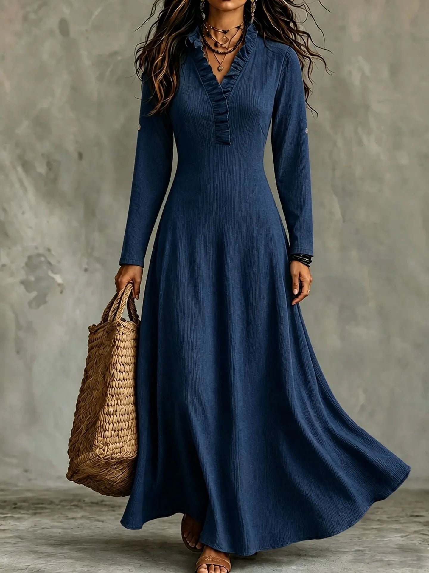 Olive Green Ruffled V-Neck Long Sleeve Flowy Maxi Dress