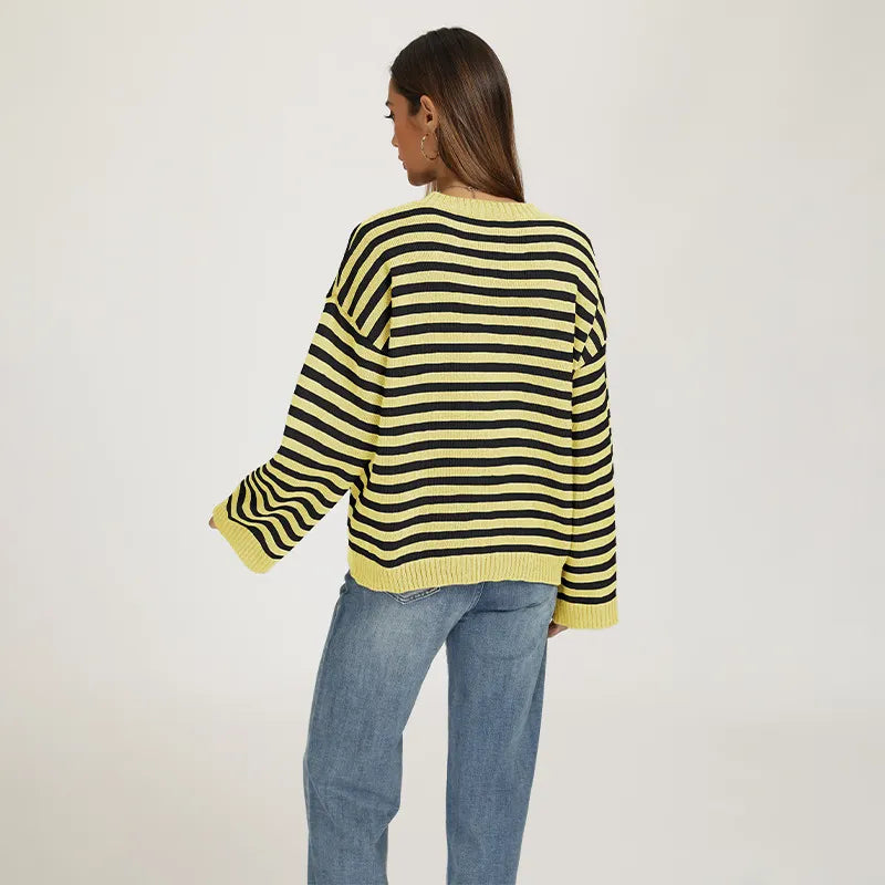 Bold Stripe Knit Pullover Crew Neck Drop Shoulder Loose Fit Fall Sweater