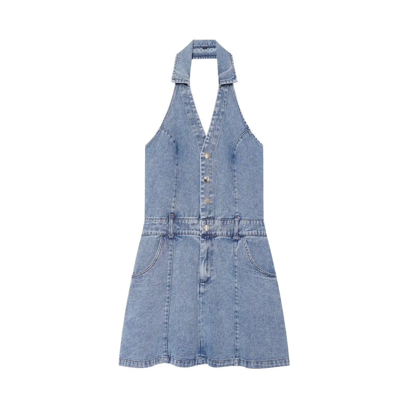 Solid Halter Collar Sleeveless Mid Waist Slim Denim Mini A-Line Dress