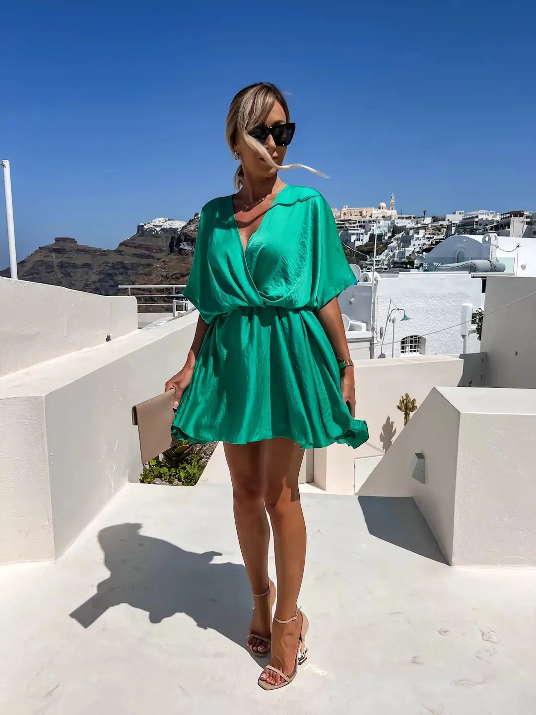Batwing Sleeve Wrap Front Mini Dress