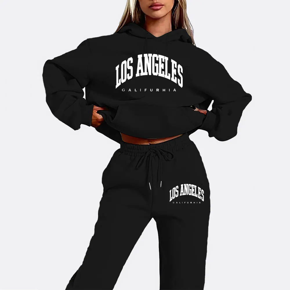 Los Angeles Letter Print Hoodie & Drawstring Sweatpants Two Piece Tracksuit
