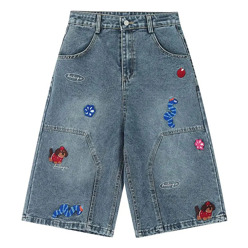 Cartoon Patch Embroidery Vintage Washed Cropped Jeans