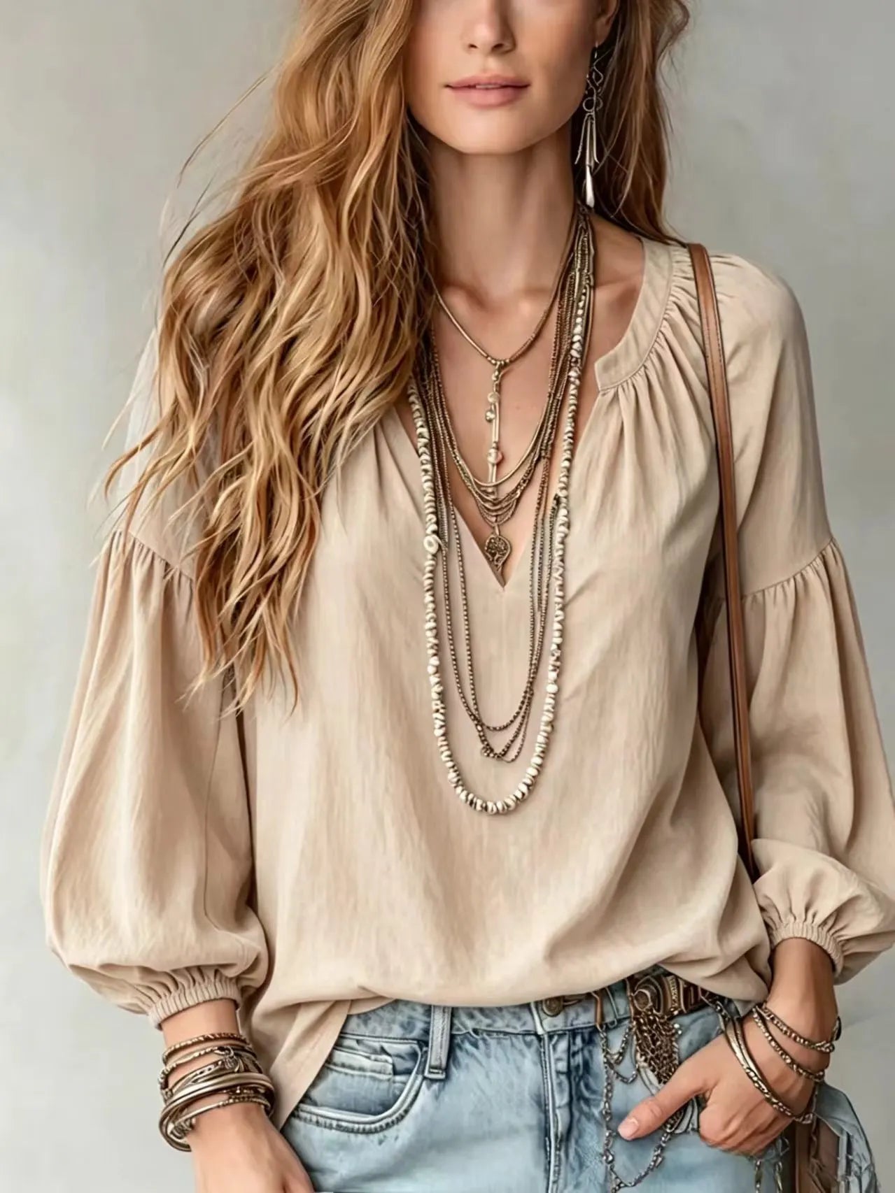 Notched V Neck Puff Sleeve Elastic Cuff Relaxed Fit Shirt