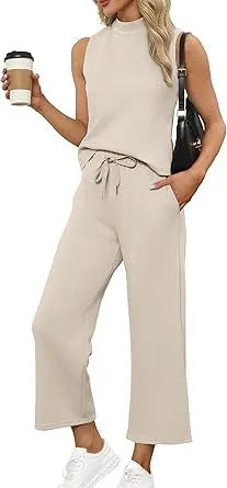 Sleeveless Mock Neck Top & Wide Leg Pants Casual Two-Piece Set