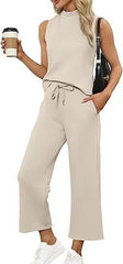 Sleeveless Mock Neck Top & Wide Leg Pants Casual Two-Piece Set