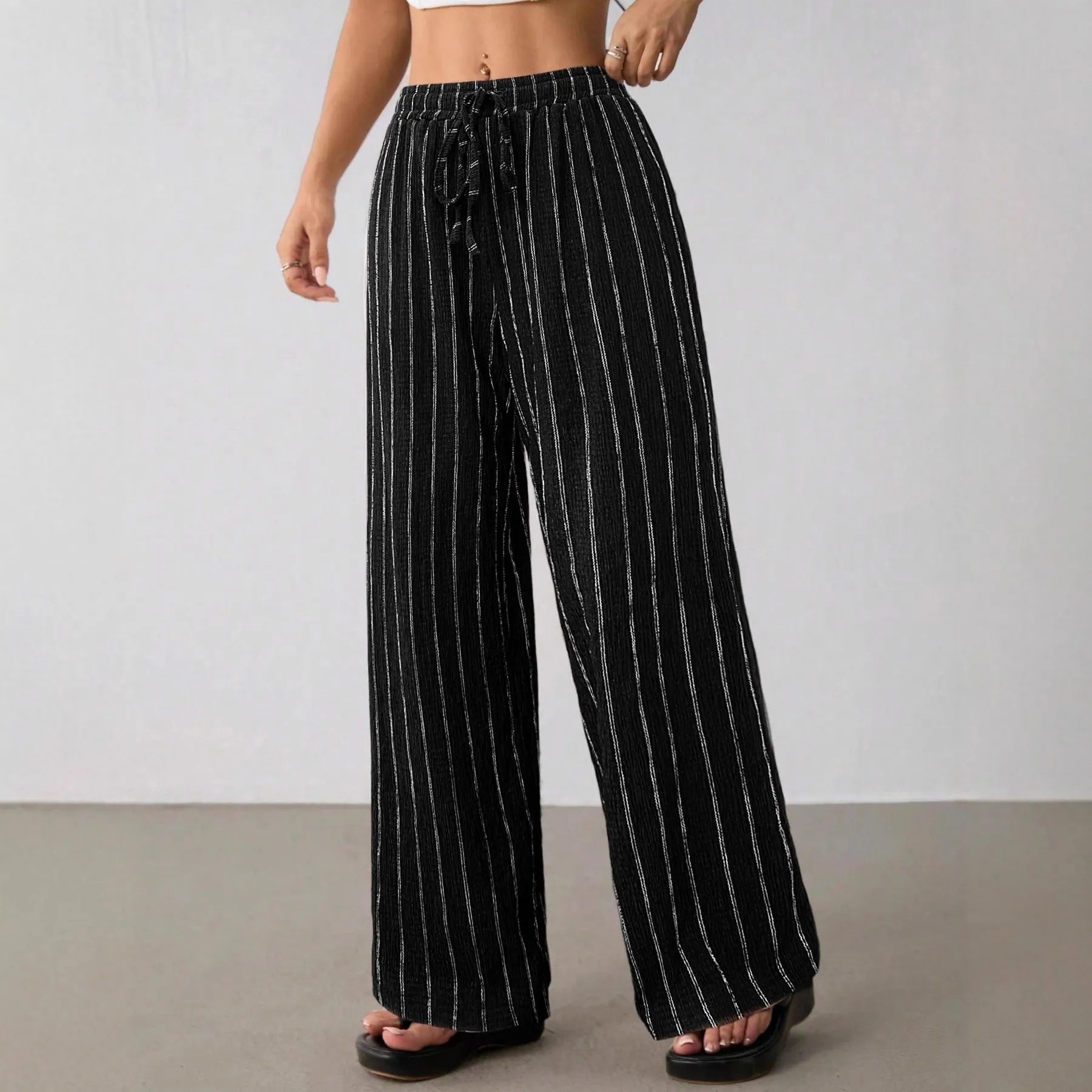 Vertical Striped Elastic Waist Wide Leg Pants