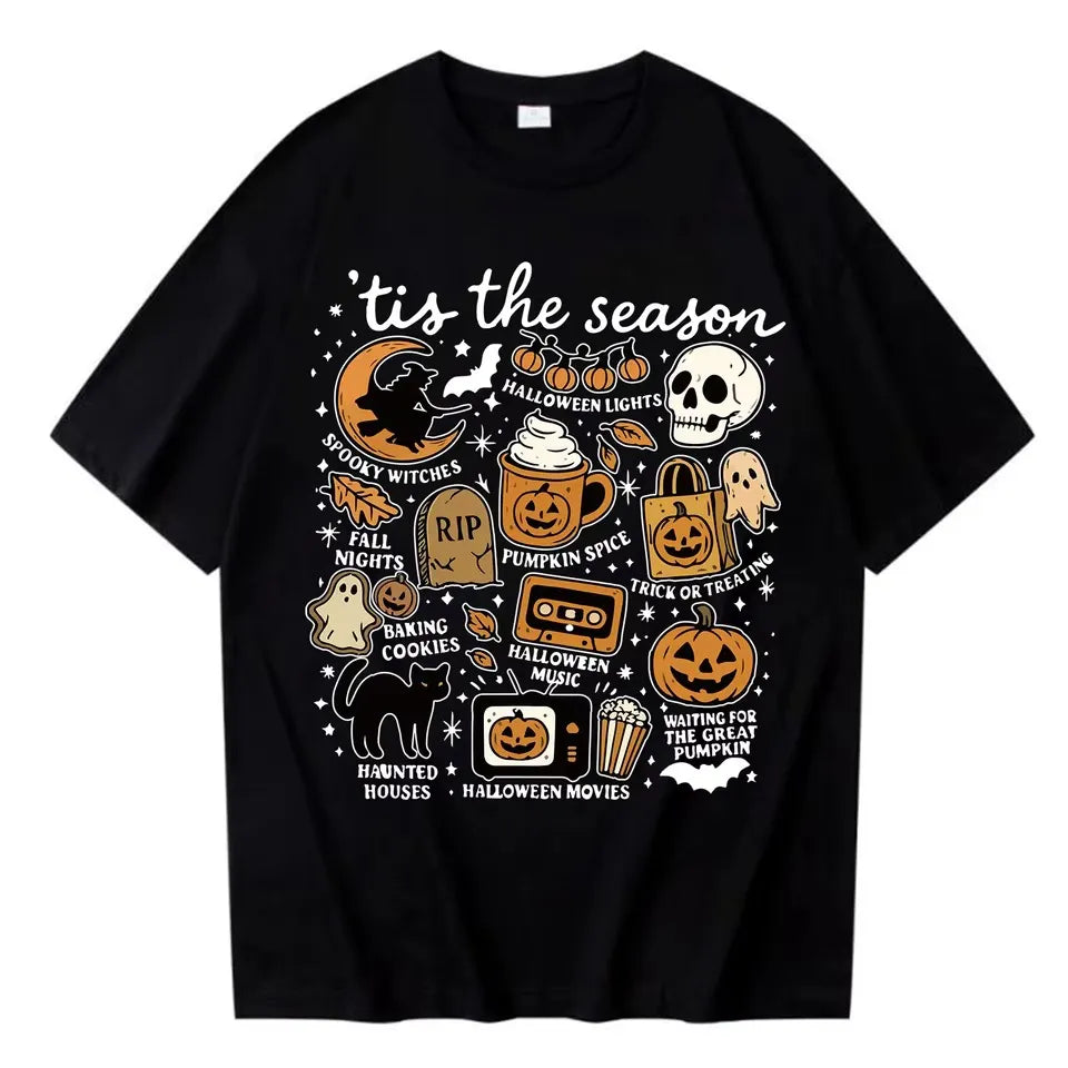 Halloween Retro Letter Graphic Crew Neck Short Sleeve T‑Shirt