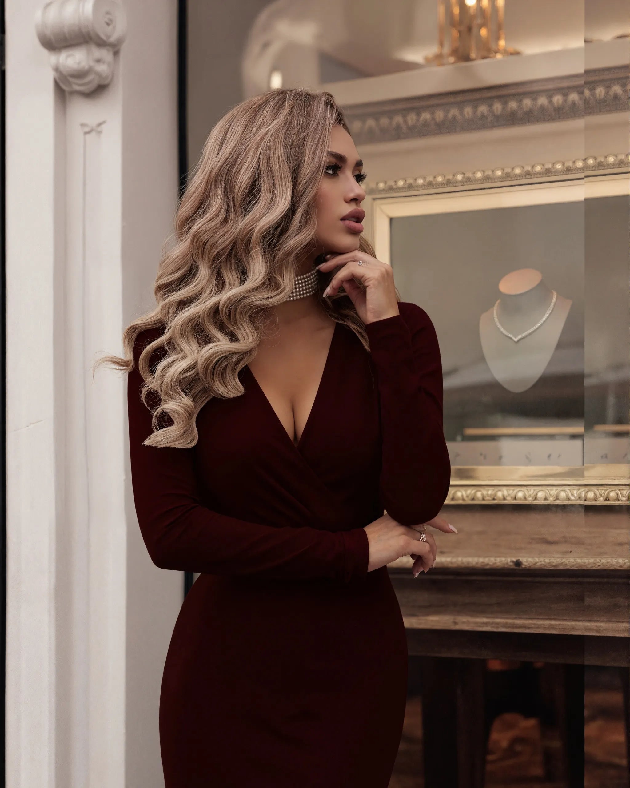 Burgundy V Neck Long Sleeve Sheath Midi Dress