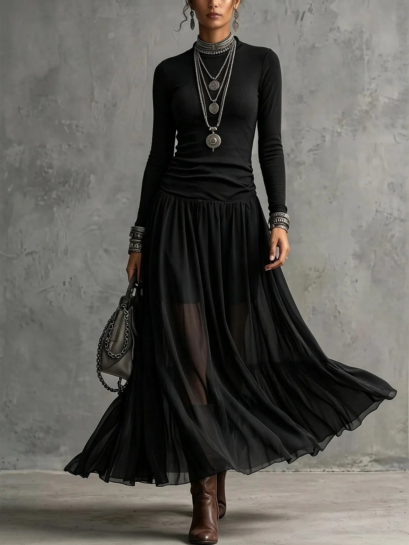 Crew Neck Pleated Maxi Dress