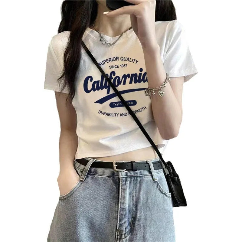 Round Neck California Letter Print Slim Fit Crop Short Sleeve T-Shirt