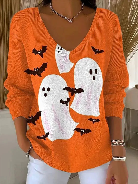 Halloween Ghost Pumpkin V‑Neck Sweater