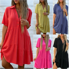 Solid Lapel Half Button Short Sleeve Loose Tiered Cotton Linen Midi Shirt Dress