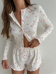 Floral Print Ruffle Ribbed Button Long Sleeve Top & Shorts Pajama Set
