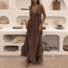 Brown Ruffle Deep V-Neck Spaghetti Strap Maxi Dress