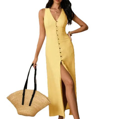 Sleeveless V Neck Button Front Split Midi Dress