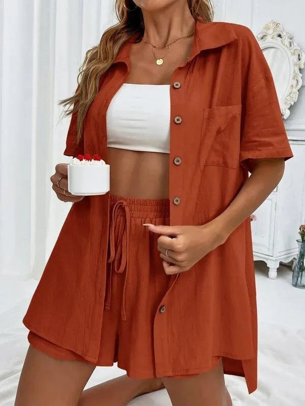 Linen Button Down Shirt & Shorts Set