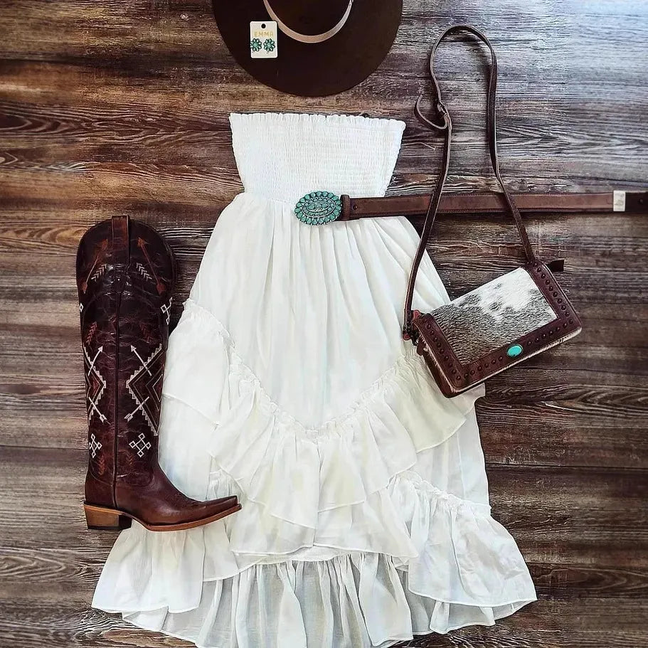 Strapless Tiered Ruffle Asymmetric White Boho Midi Dress