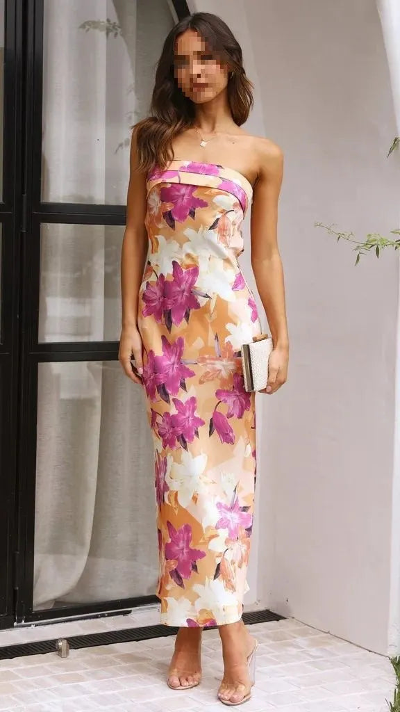 Solid Strapless Satin Bodycon Maxi Dress