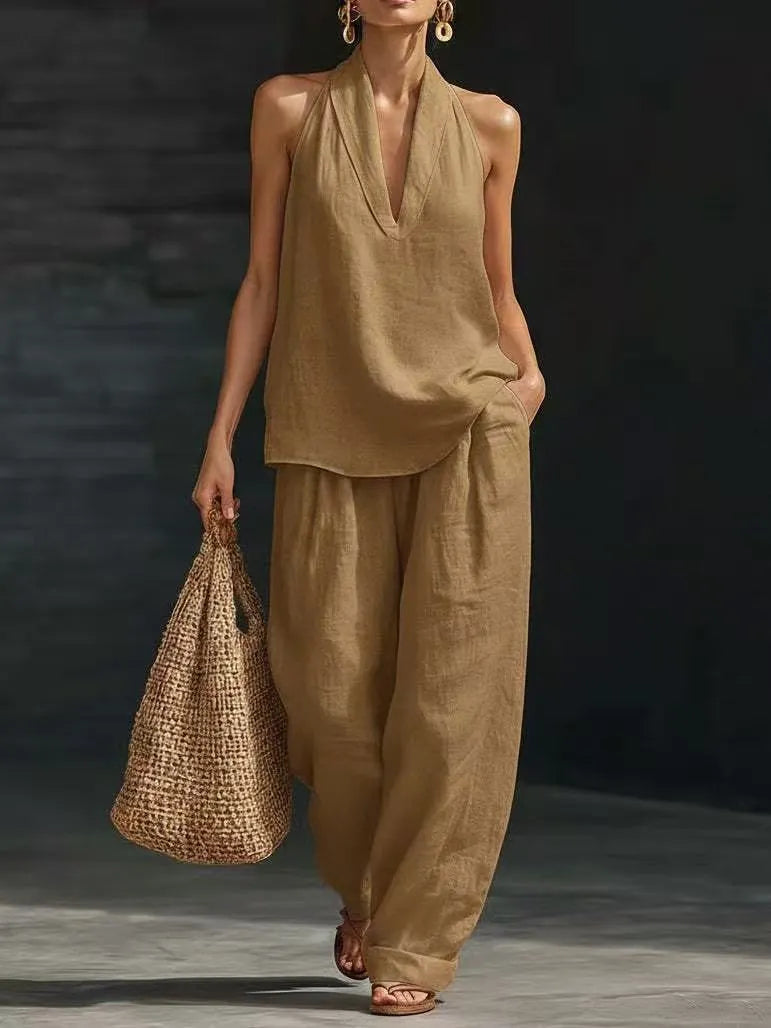 Sleeveless Loose Tunic Top Cuffed Wide Leg Pocket Pants