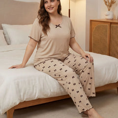 Plus Size Bow Print Ruffle Edge Short Sleeve Long Pants Loungewear Set