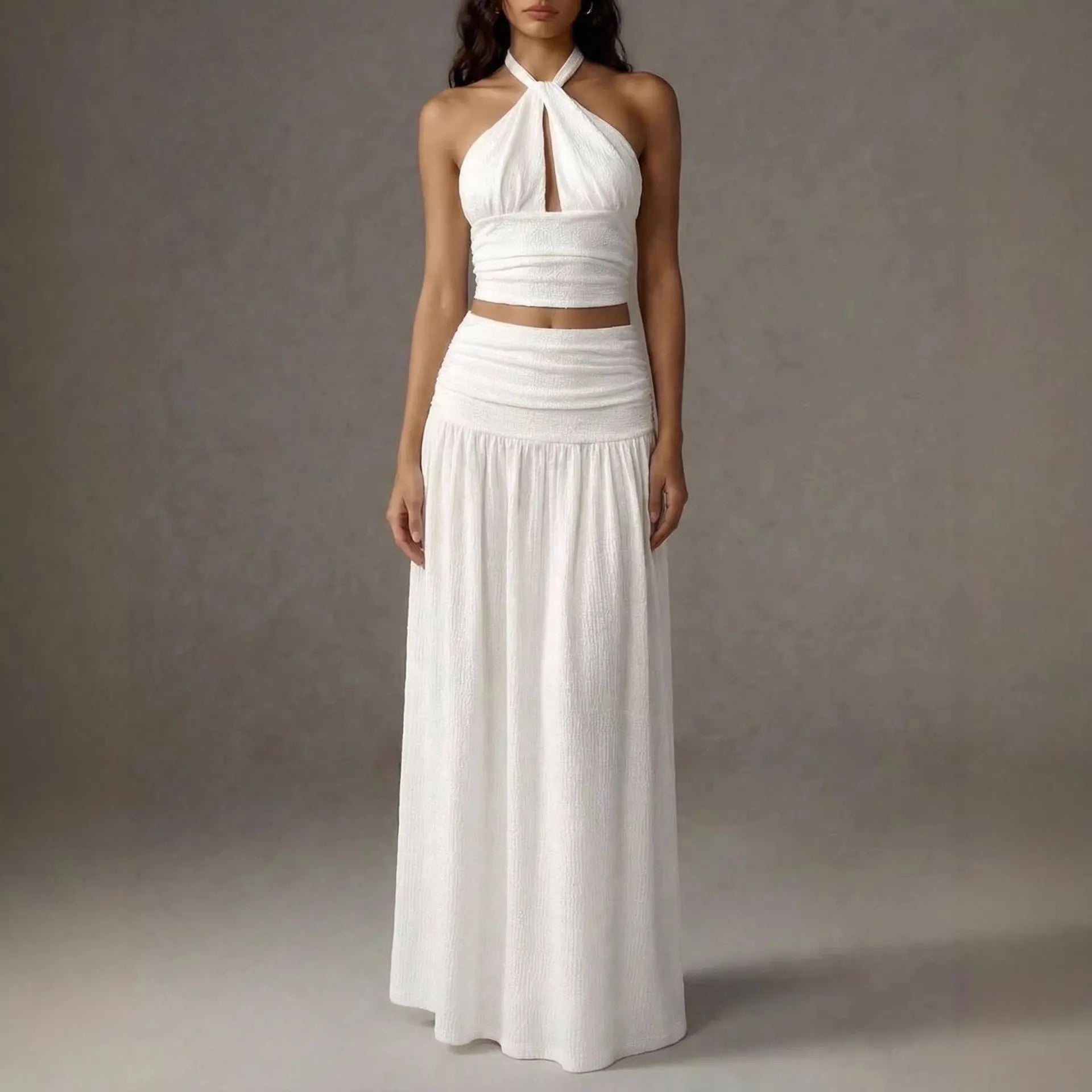 Halter Cutout Crop Top Maxi Skirt 2 Piece Outfit Textured Crinkle Matching Set