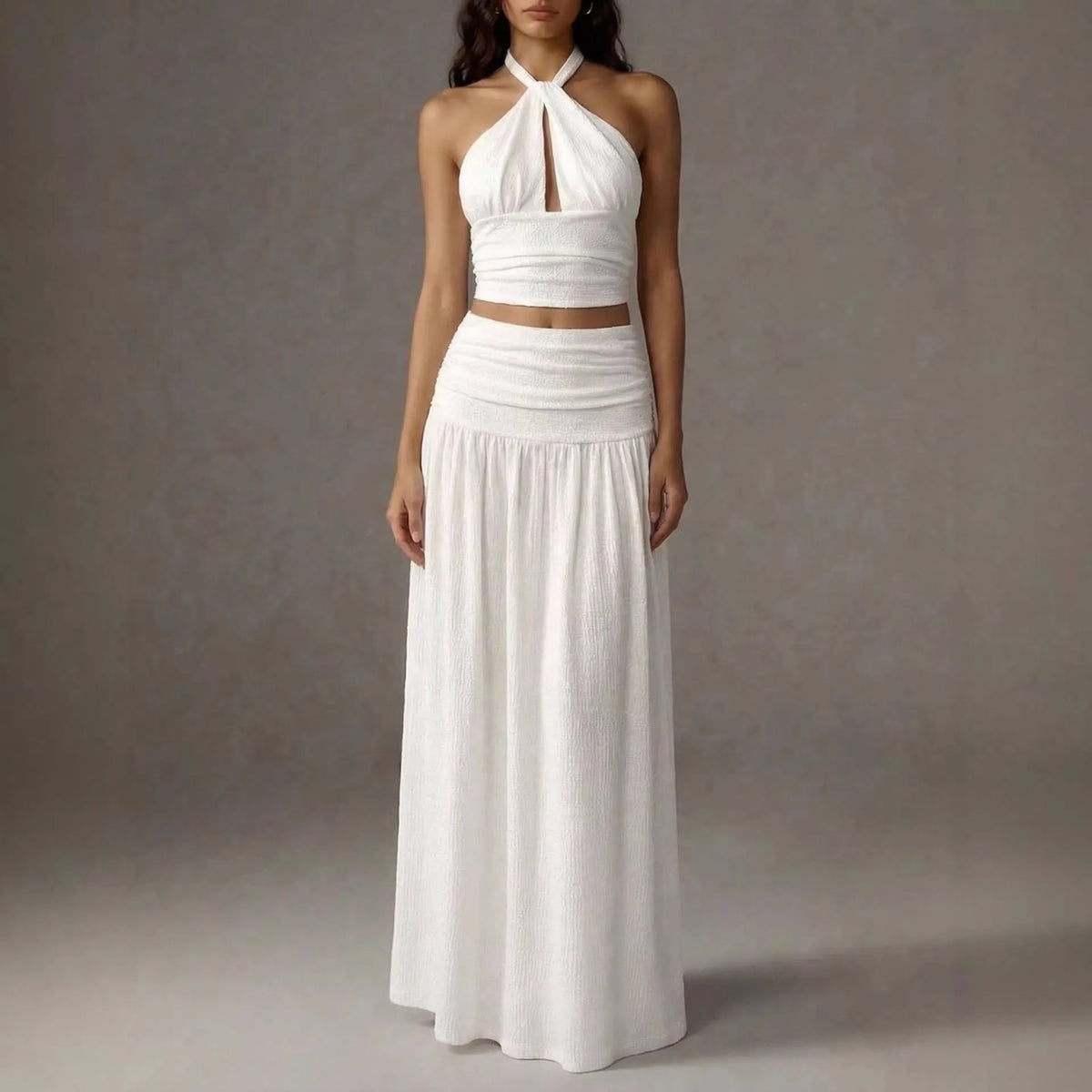 Halter Cutout Crop Top Maxi Skirt 2 Piece Outfit Textured Crinkle Matching Set