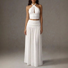 Halter Cutout Crop Top Maxi Skirt 2 Piece Outfit Textured Crinkle Matching Set