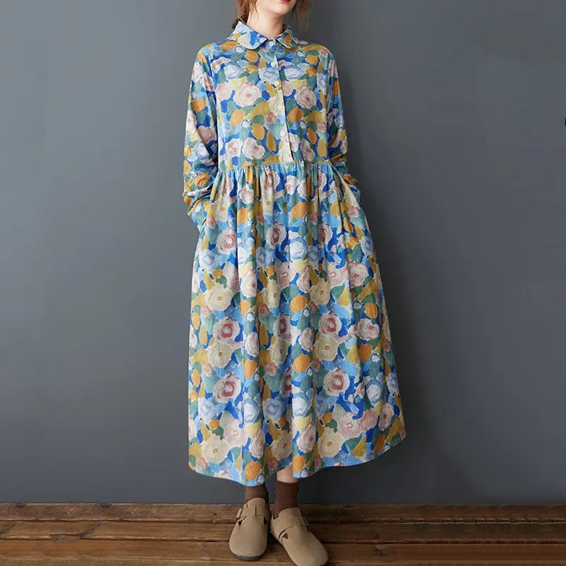 Floral Turn-Down Collar A-Line Midi Dress