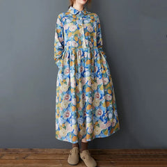Floral Turn-Down Collar A-Line Midi Dress
