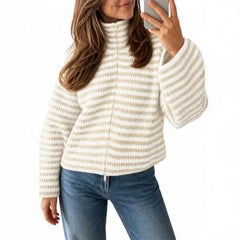 Striped Half Zip Turtleneck Knit Sweater Long Sleeve Cropped Ribbed Pullover