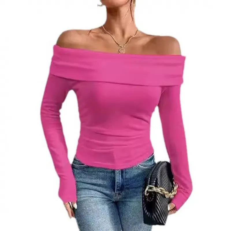 Off Shoulder Long Sleeve Slim Fit Solid Pullover Top