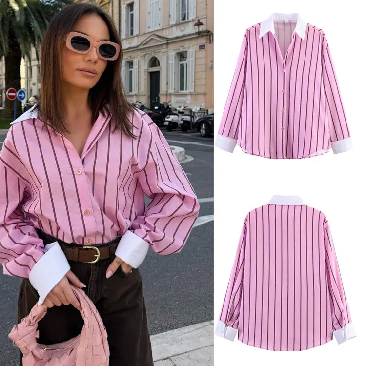 Contrast Lapel Cuff Vertical Stripe Loose Long Sleeve Button Down Shirt