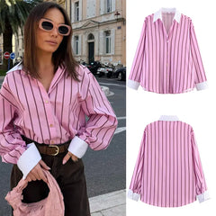 Contrast Lapel Cuff Vertical Stripe Loose Long Sleeve Button Down Shirt