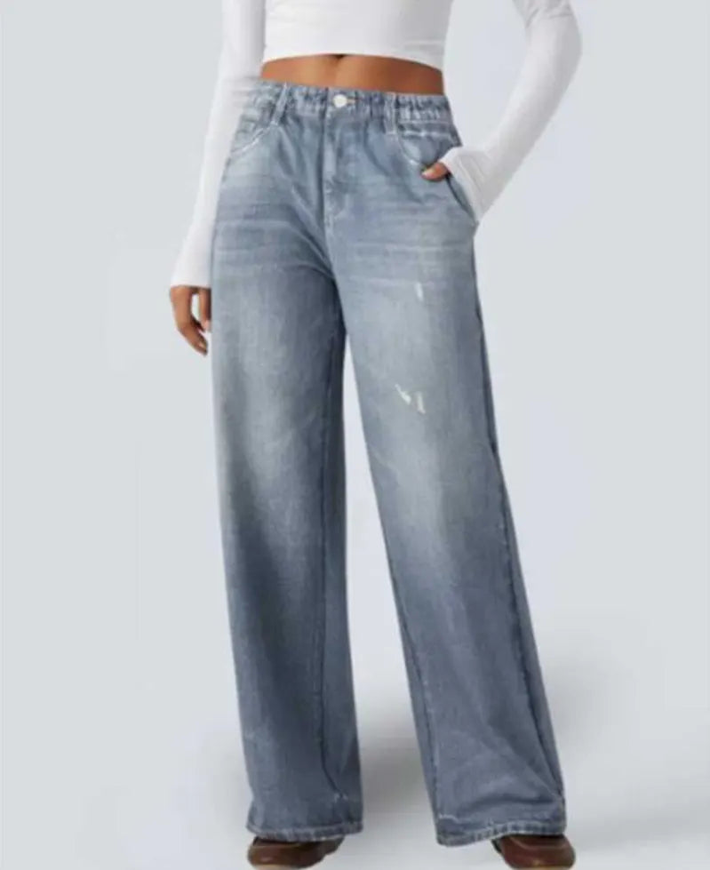 High Waist Faux Denim Wide Leg Trousers, Stretchy Elastic Waist Casual Pants