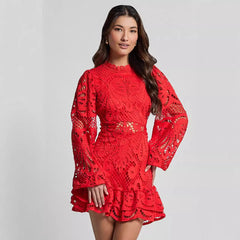 Lace Mini Dress, Cutout Waist Bishop Sleeve Ruffle Hem Party Dress
