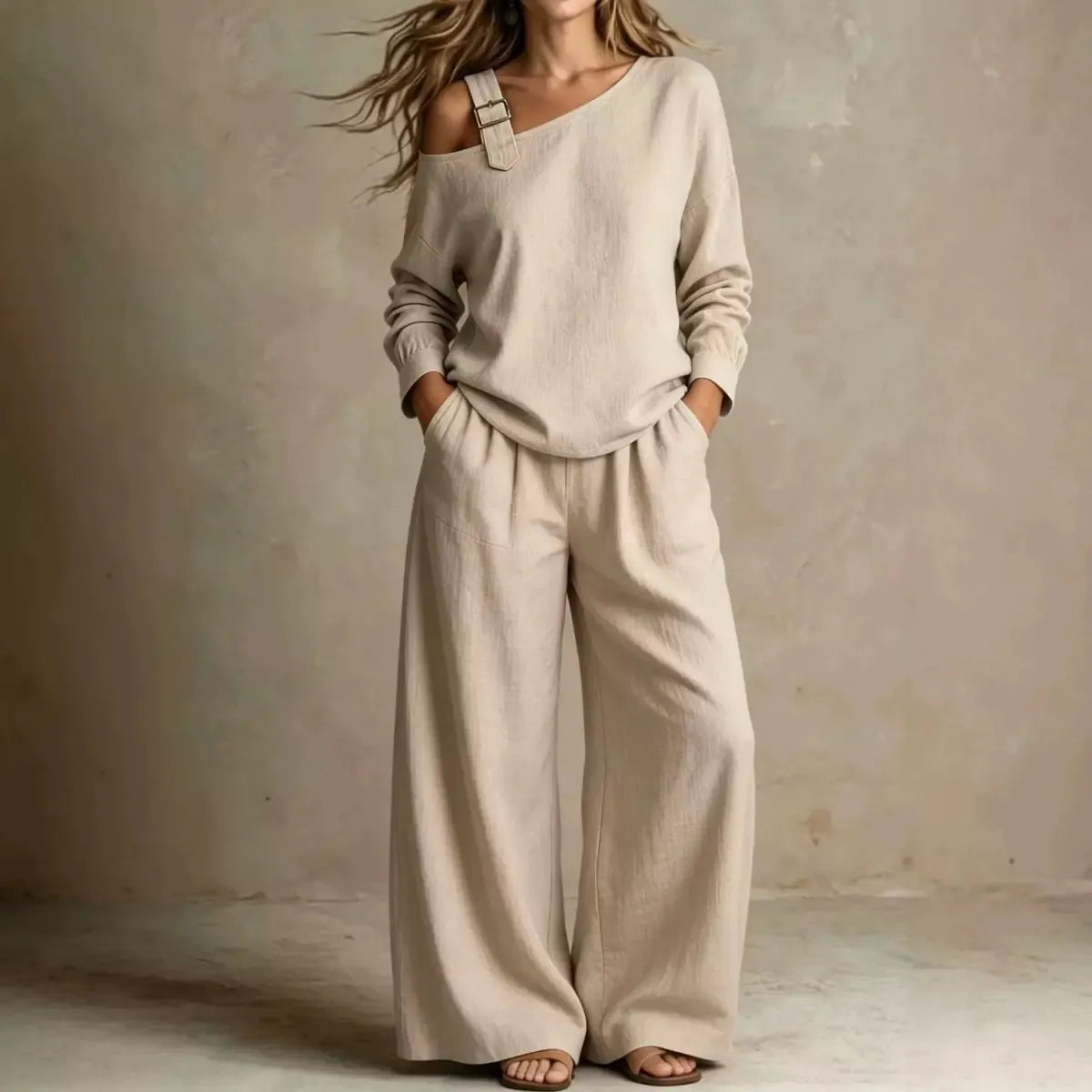 Buckle Detail Cold Shoulder Top Wide Leg Linen Pants Set