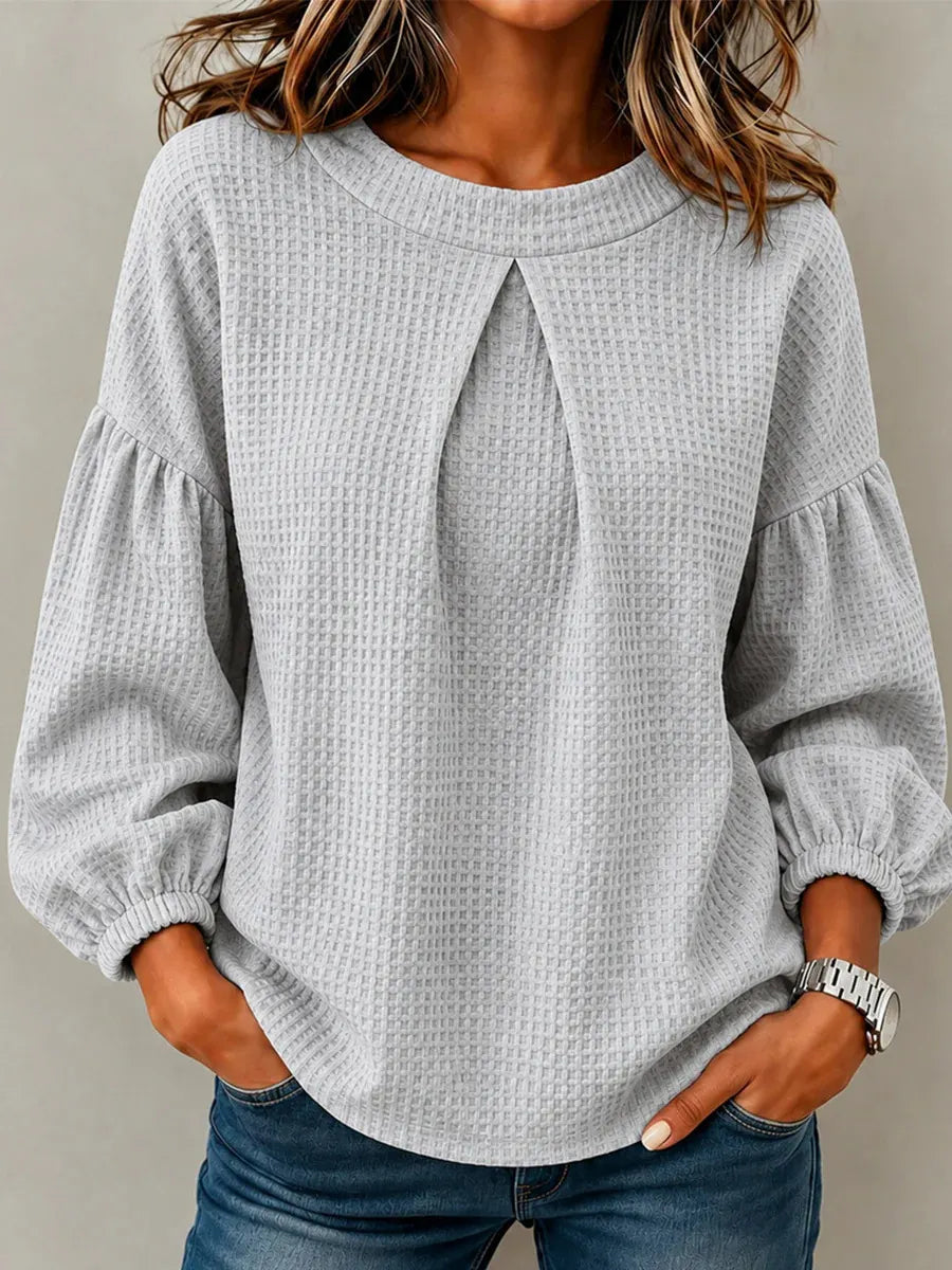 Waffle Knit Round Neck Blouse Pleated Front Balloon Long Sleeve Loose Casual Top