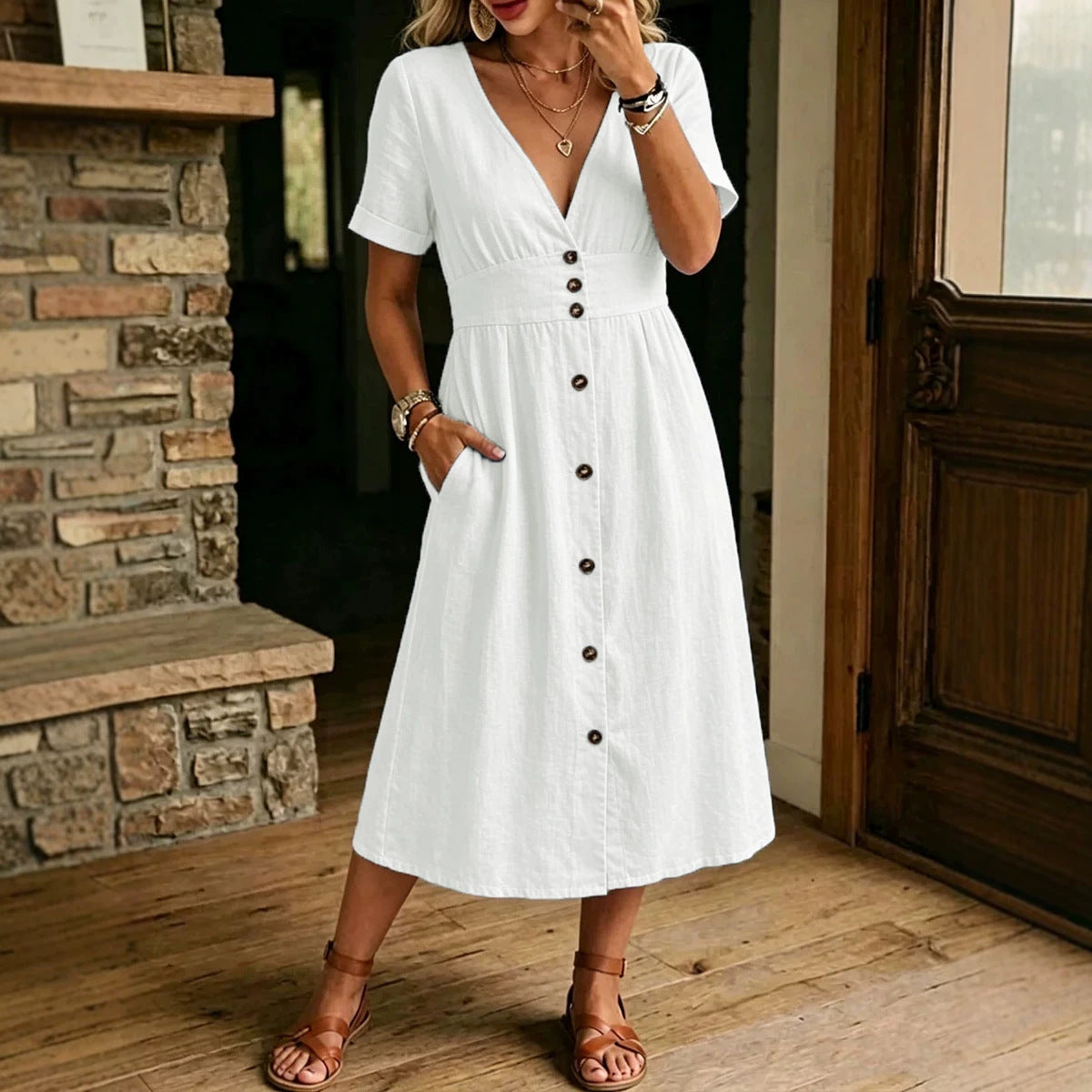 V-Neck Button Front Short Sleeve Midi Dress