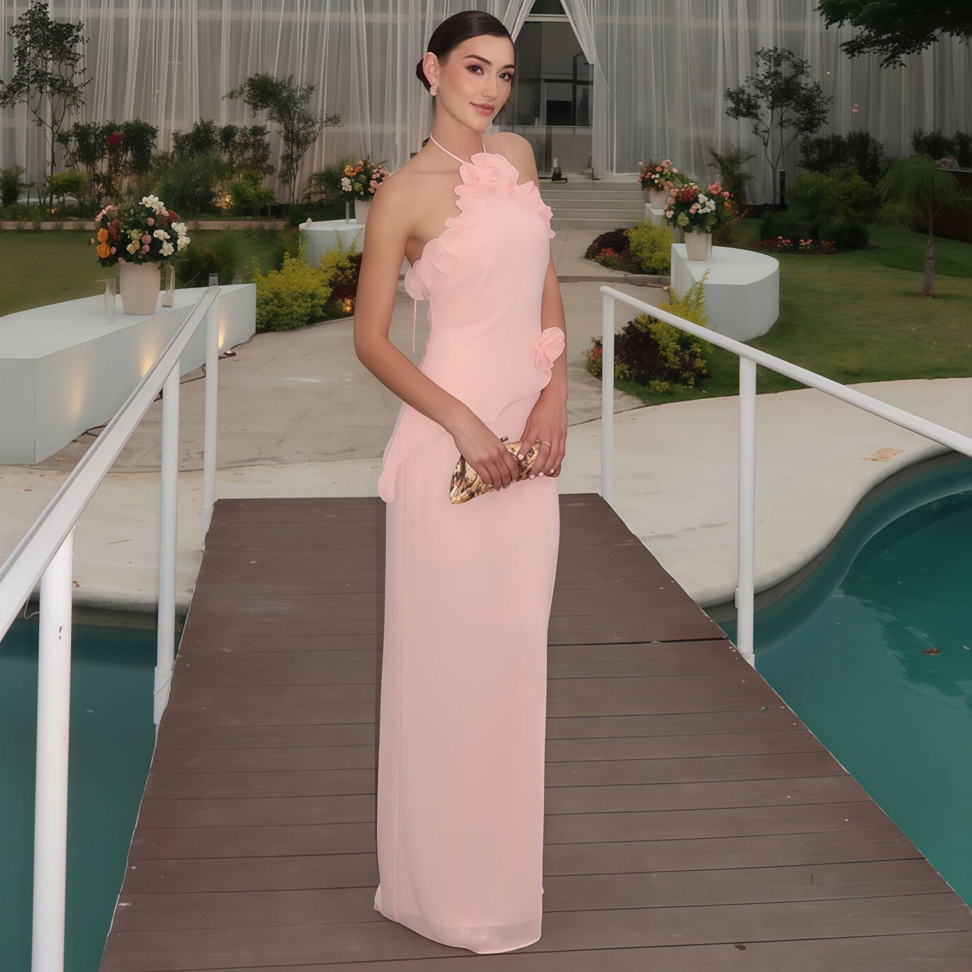 Pink 3D Floral Halter Neck Maxi Dress