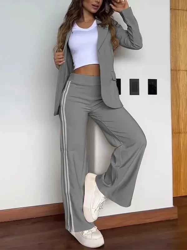 Blazer & Striped Wide Leg Pants Set