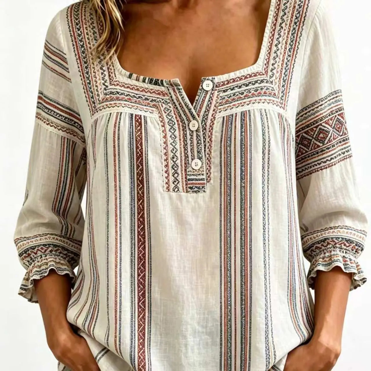 Plaid Square Neck Button Front Bubble 7/4 Sleeve Loose Casual Blouse