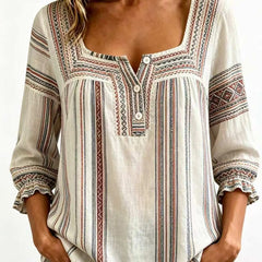 Plaid Square Neck Button Front Bubble 7/4 Sleeve Loose Casual Blouse